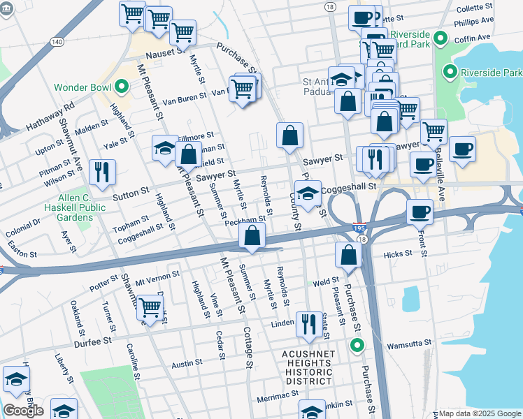 map of restaurants, bars, coffee shops, grocery stores, and more near 19 Bannister Street in New Bedford