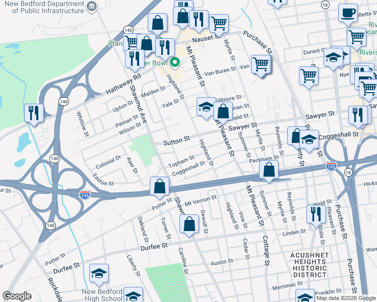 map of restaurants, bars, coffee shops, grocery stores, and more near 42 Townsend Street in New Bedford