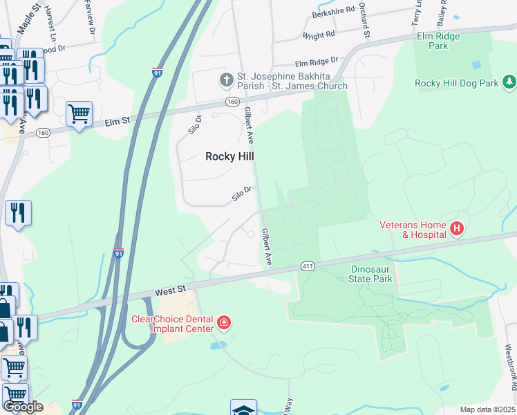 map of restaurants, bars, coffee shops, grocery stores, and more near 19 Butternut Lane in Rocky Hill