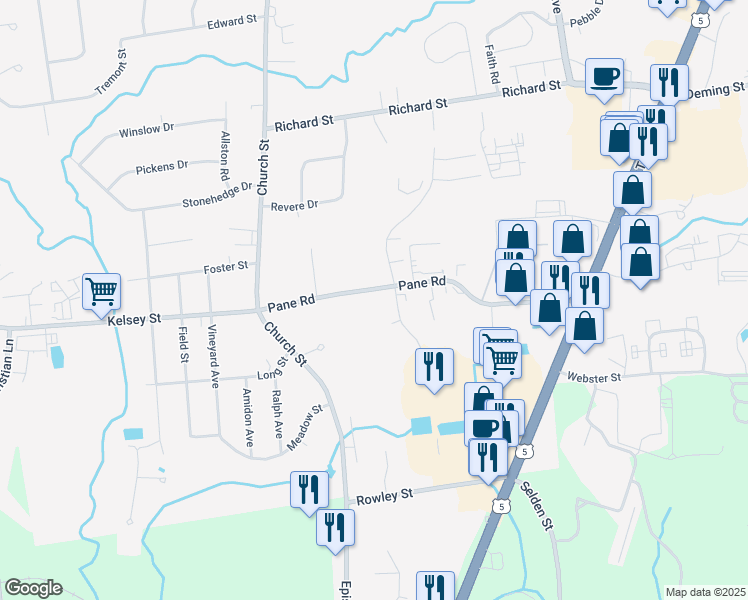map of restaurants, bars, coffee shops, grocery stores, and more near 227 Pane Road in Newington
