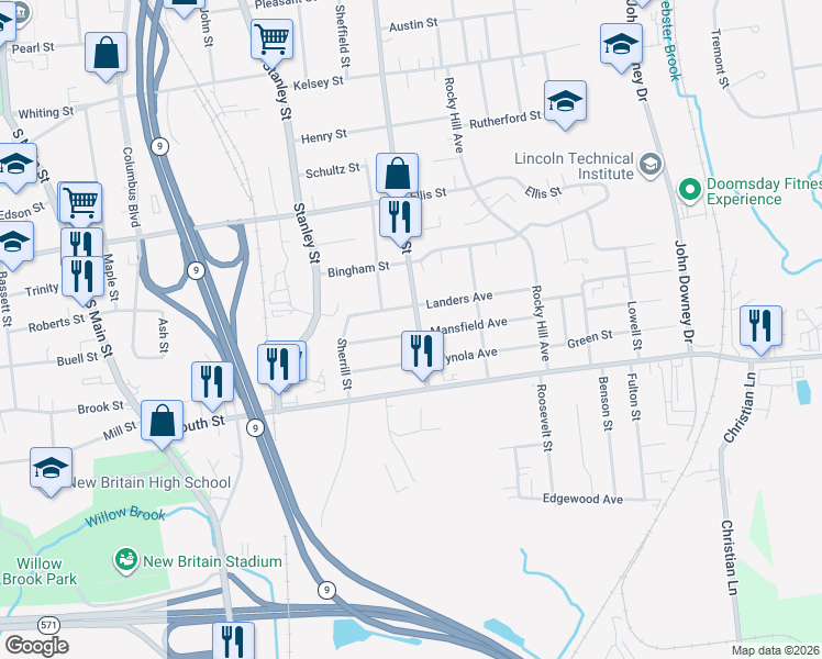 map of restaurants, bars, coffee shops, grocery stores, and more near 63 East Street in New Britain
