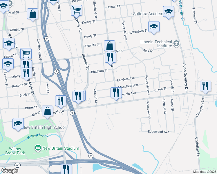 map of restaurants, bars, coffee shops, grocery stores, and more near 46 Mansfield Avenue in New Britain