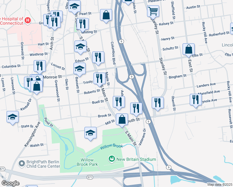 map of restaurants, bars, coffee shops, grocery stores, and more near 9 Vega Street in New Britain