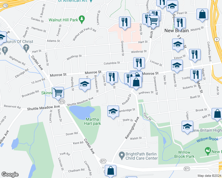 map of restaurants, bars, coffee shops, grocery stores, and more near 85 Shuttle Meadow Avenue in New Britain