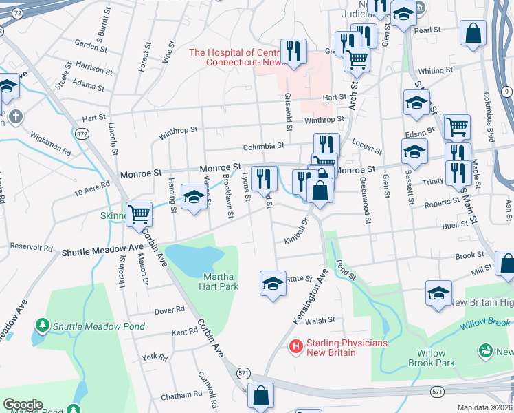 map of restaurants, bars, coffee shops, grocery stores, and more near 85 Shuttle Meadow Avenue in New Britain