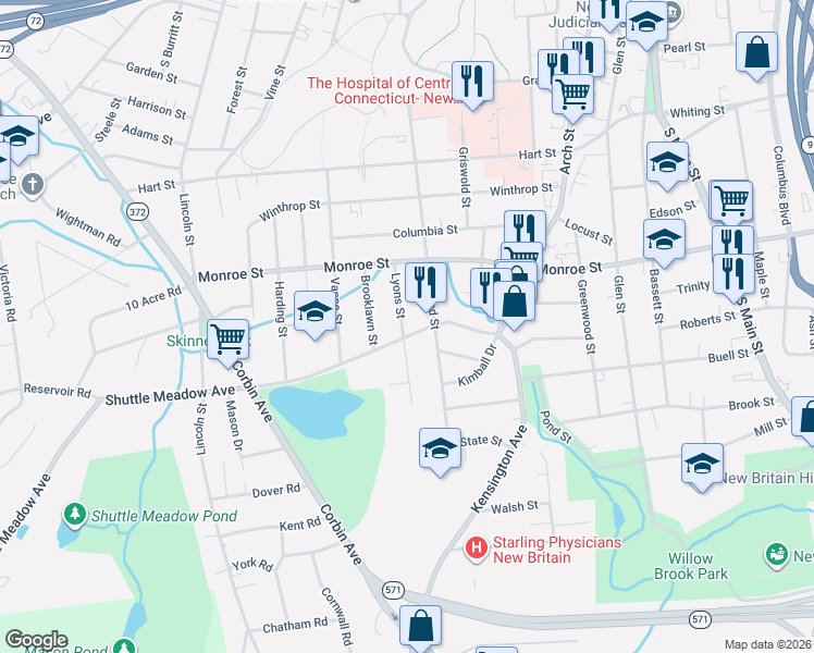 map of restaurants, bars, coffee shops, grocery stores, and more near 85 Shuttle Meadow Avenue in New Britain