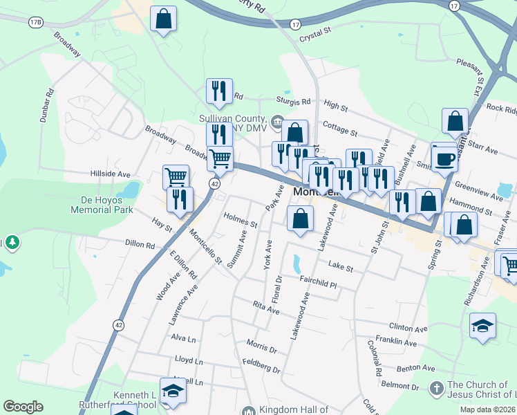 map of restaurants, bars, coffee shops, grocery stores, and more near 7 Osborne Street in Monticello