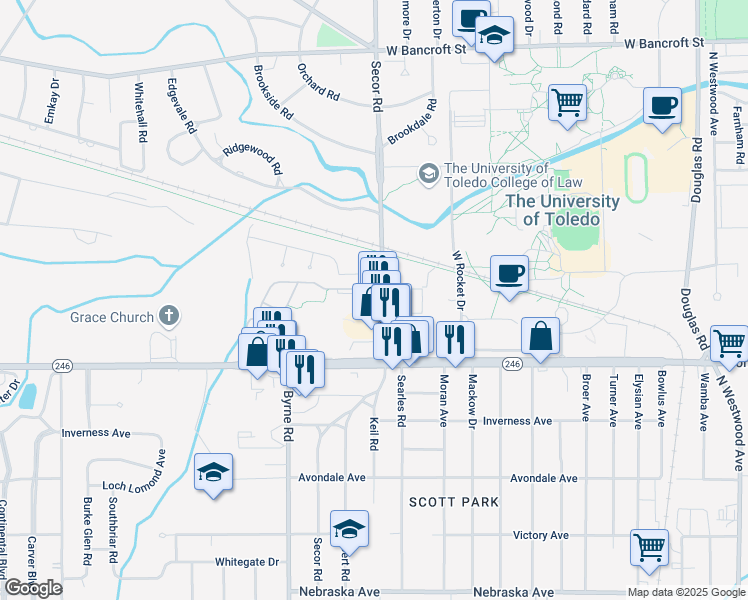 map of restaurants, bars, coffee shops, grocery stores, and more near 1473 Secor Road in Toledo