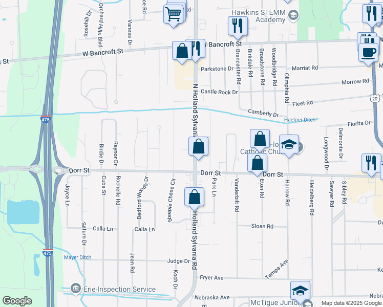 map of restaurants, bars, coffee shops, grocery stores, and more near 1702 Acorn Drive in Toledo