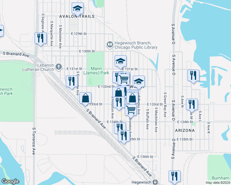 map of restaurants, bars, coffee shops, grocery stores, and more near 13220 South Baltimore Avenue in Chicago