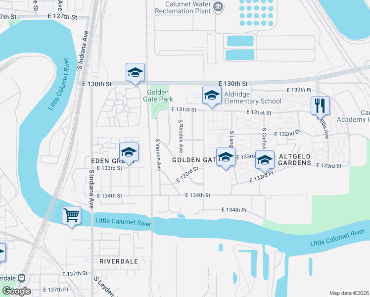 map of restaurants, bars, coffee shops, grocery stores, and more near 13213 South Rhodes Avenue in Chicago
