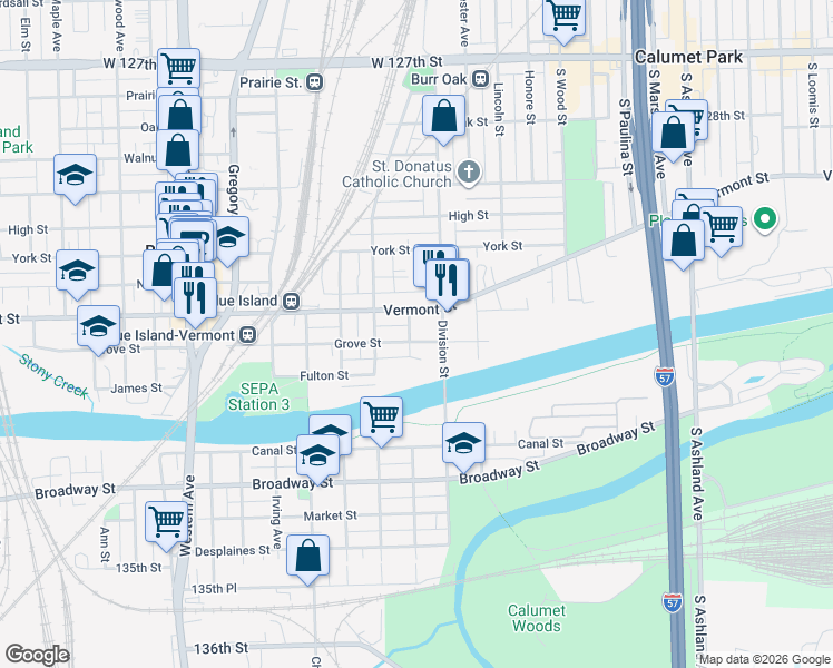 map of restaurants, bars, coffee shops, grocery stores, and more near 2046 Grove Street in Blue Island