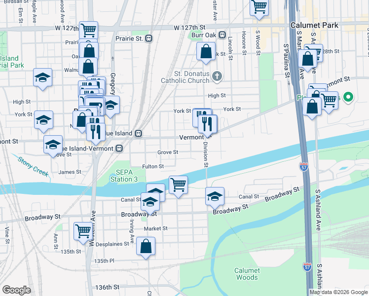 map of restaurants, bars, coffee shops, grocery stores, and more near 2046 Grove Street in Blue Island