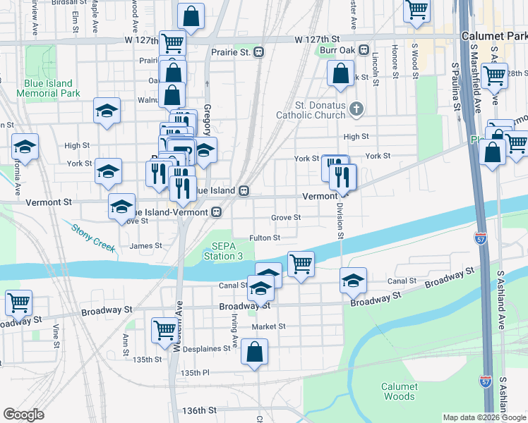 map of restaurants, bars, coffee shops, grocery stores, and more near 2200 Grove Street in Blue Island
