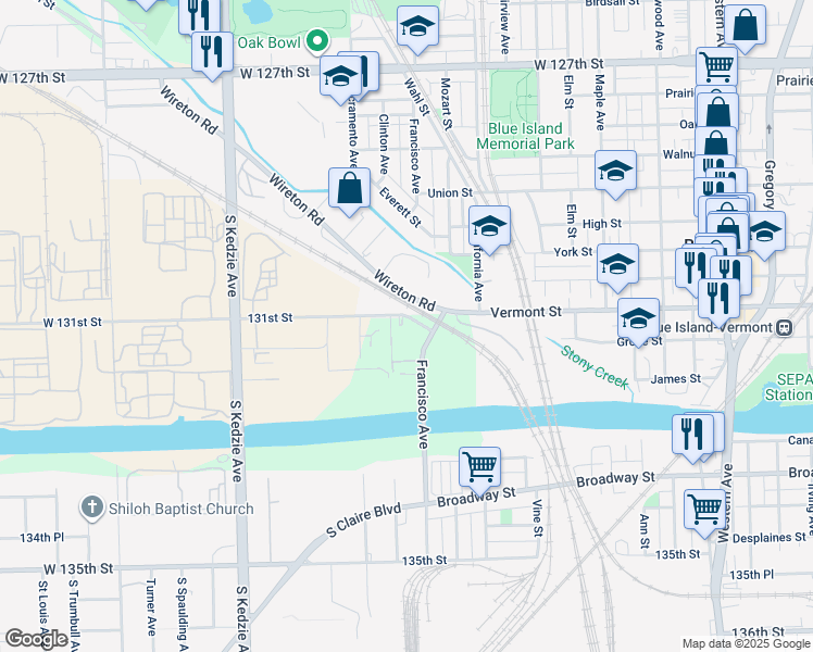 map of restaurants, bars, coffee shops, grocery stores, and more near 3007 Vermont Street in Blue Island