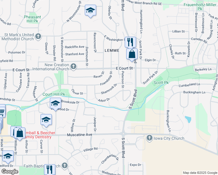 map of restaurants, bars, coffee shops, grocery stores, and more near 3316 Shamrock Drive in Iowa City