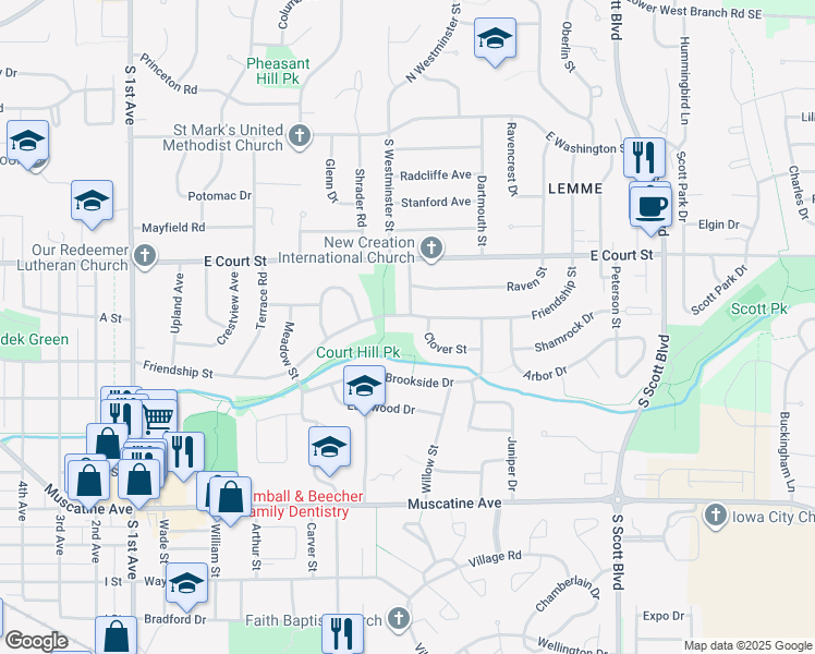 map of restaurants, bars, coffee shops, grocery stores, and more near 2901 Friendship Street in Iowa City