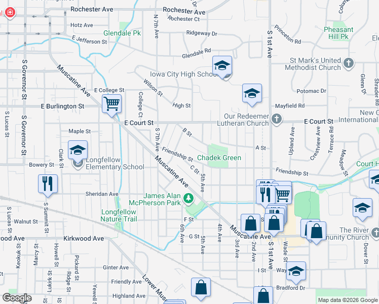 map of restaurants, bars, coffee shops, grocery stores, and more near 1830 Friendship Street in Iowa City