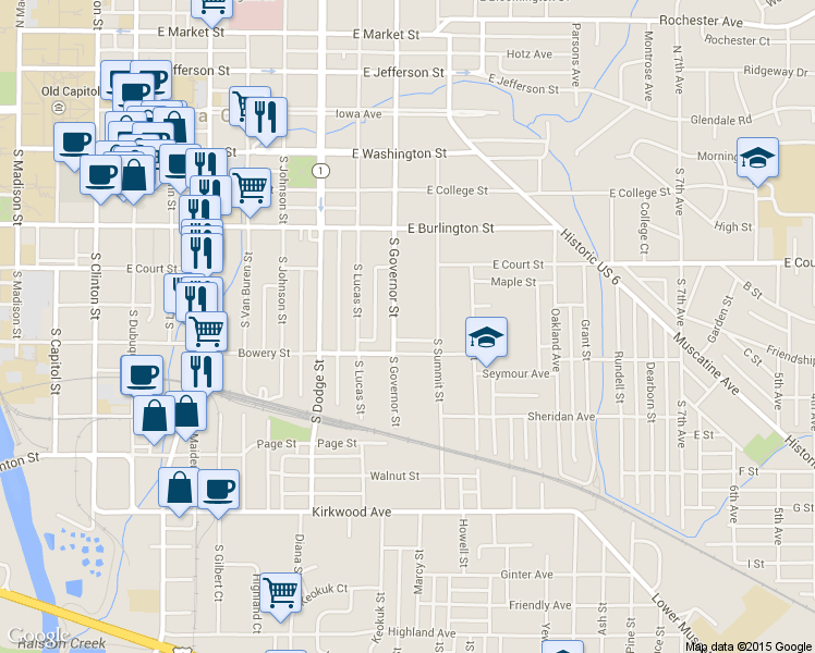 map of restaurants, bars, coffee shops, grocery stores, and more near 520 South Governor Street in Iowa City