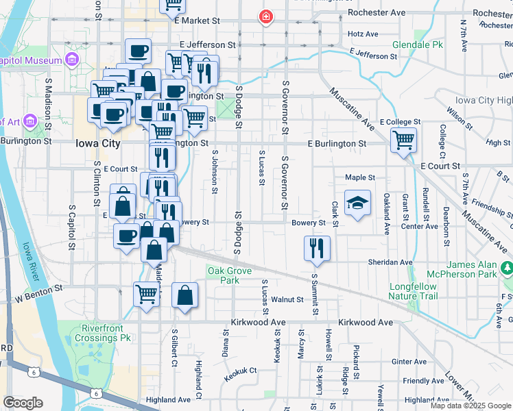 map of restaurants, bars, coffee shops, grocery stores, and more near 518 South Lucas Street in Iowa City