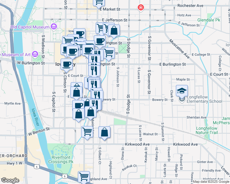 map of restaurants, bars, coffee shops, grocery stores, and more near 510 South Johnson Street in Iowa City