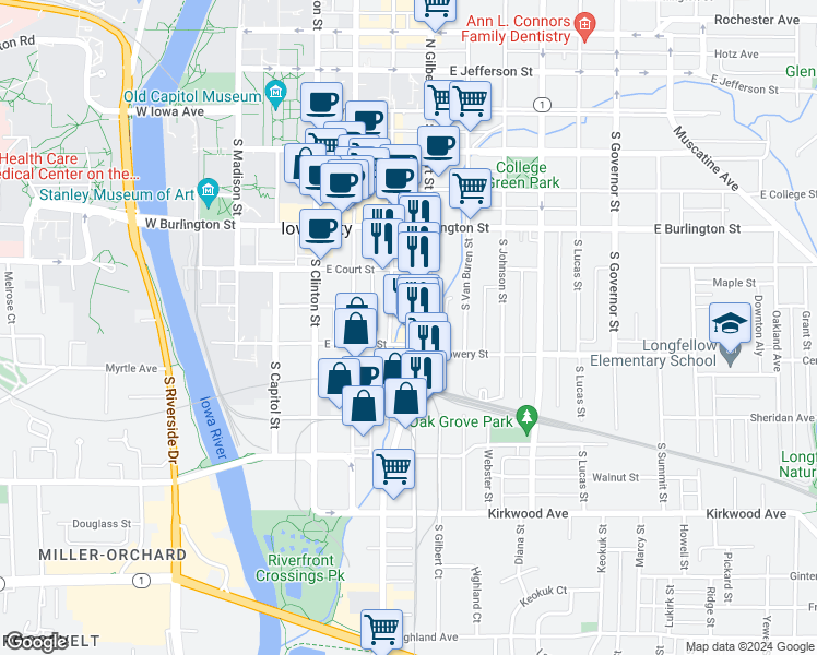 map of restaurants, bars, coffee shops, grocery stores, and more near 518 South Linn Street in Iowa City