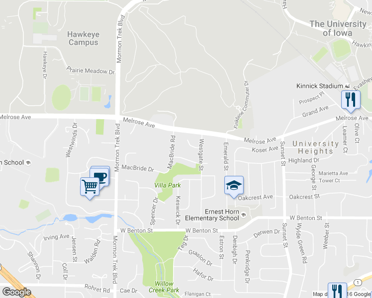 map of restaurants, bars, coffee shops, grocery stores, and more near 5 Gilmore Court in Iowa City