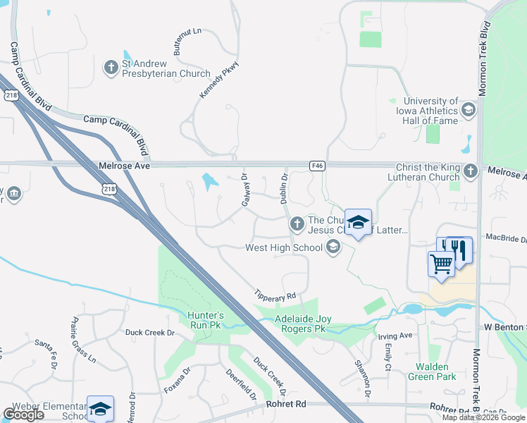 map of restaurants, bars, coffee shops, grocery stores, and more near 3458 Killarney Road in Iowa City