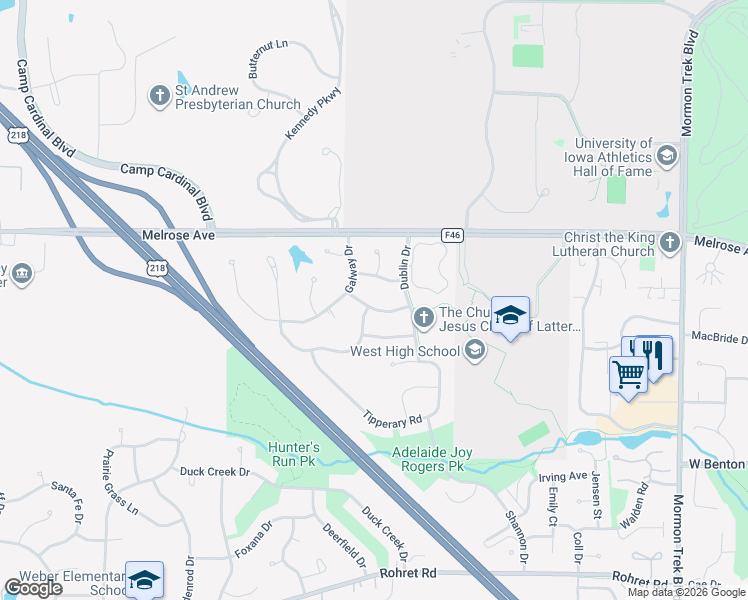 map of restaurants, bars, coffee shops, grocery stores, and more near 3458 Killarney Road in Iowa City