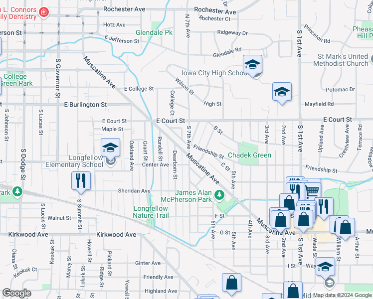 map of restaurants, bars, coffee shops, grocery stores, and more near 1622 Muscatine Avenue in Iowa City