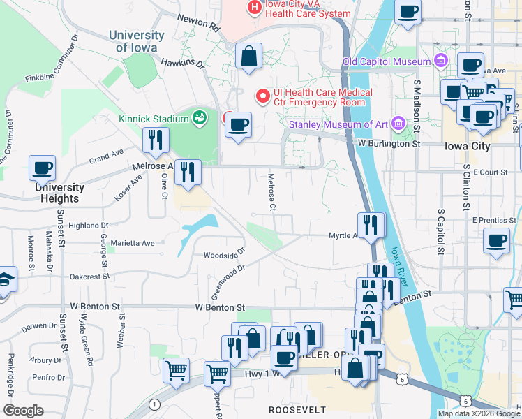 map of restaurants, bars, coffee shops, grocery stores, and more near 624 Brookland Park Drive in Iowa City