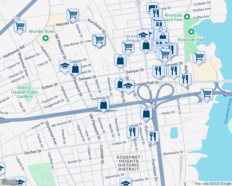 map of restaurants, bars, coffee shops, grocery stores, and more near 23 Peckham Street in New Bedford