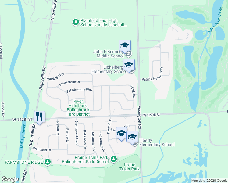 map of restaurants, bars, coffee shops, grocery stores, and more near 2186 Muirfield Trail in Bolingbrook