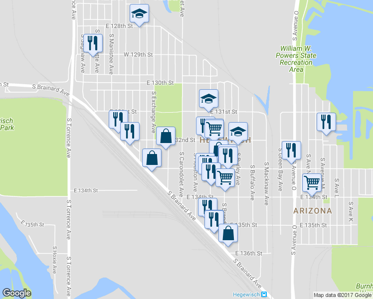 map of restaurants, bars, coffee shops, grocery stores, and more near 13219 South Carondolet Avenue in Chicago