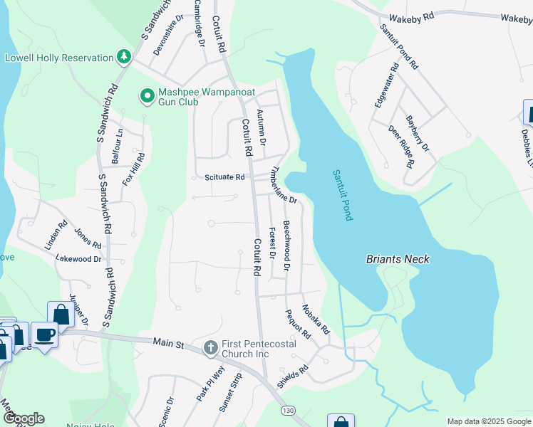 map of restaurants, bars, coffee shops, grocery stores, and more near 66 Forest Drive in Mashpee