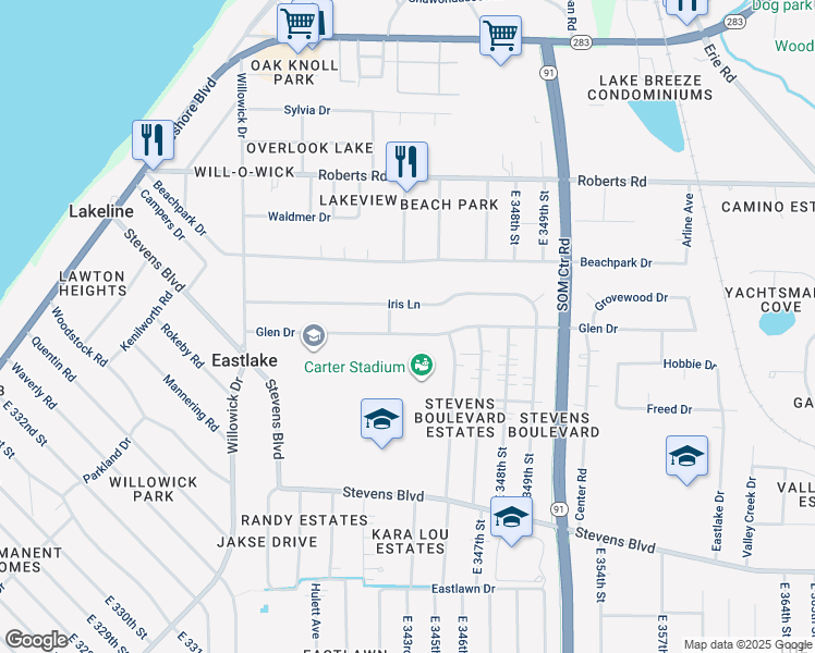 map of restaurants, bars, coffee shops, grocery stores, and more near 34385 Glen Drive in Eastlake