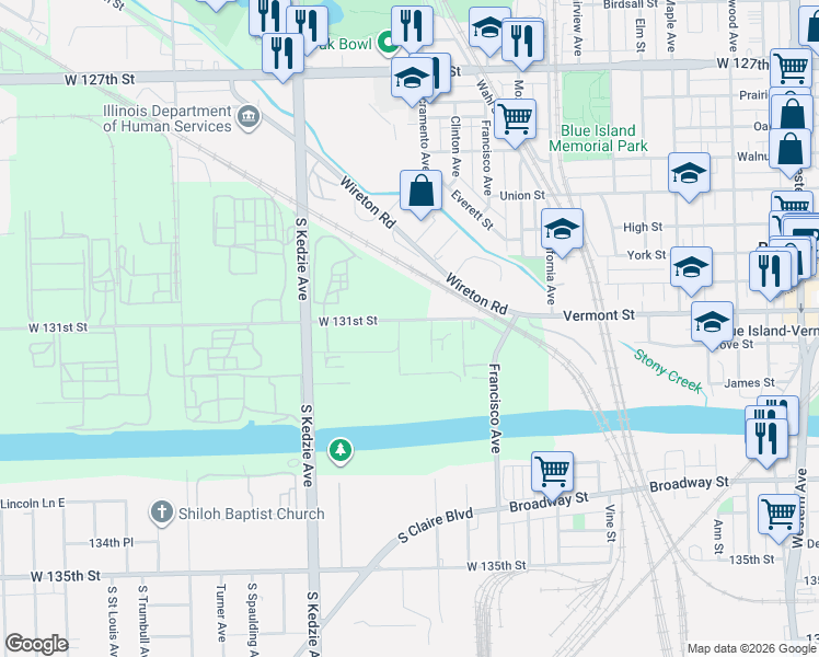 map of restaurants, bars, coffee shops, grocery stores, and more near 3055 131st Street in Blue Island