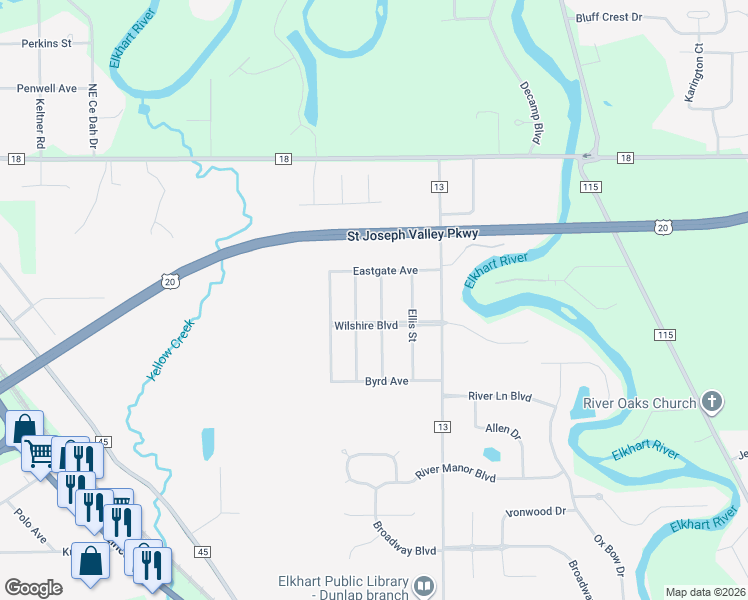 map of restaurants, bars, coffee shops, grocery stores, and more near 57839 Yukon Street in Elkhart