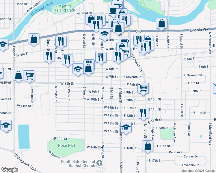 map of restaurants, bars, coffee shops, grocery stores, and more near 209 West 8th Street in Mishawaka