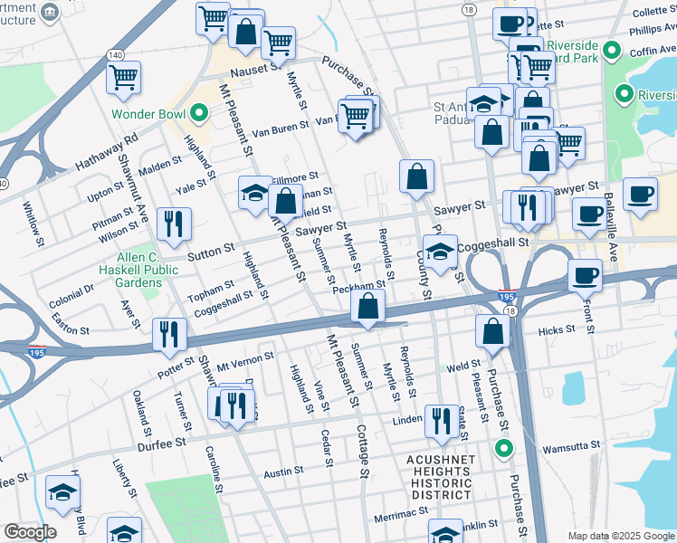 map of restaurants, bars, coffee shops, grocery stores, and more near 568 Coggeshall Street in New Bedford