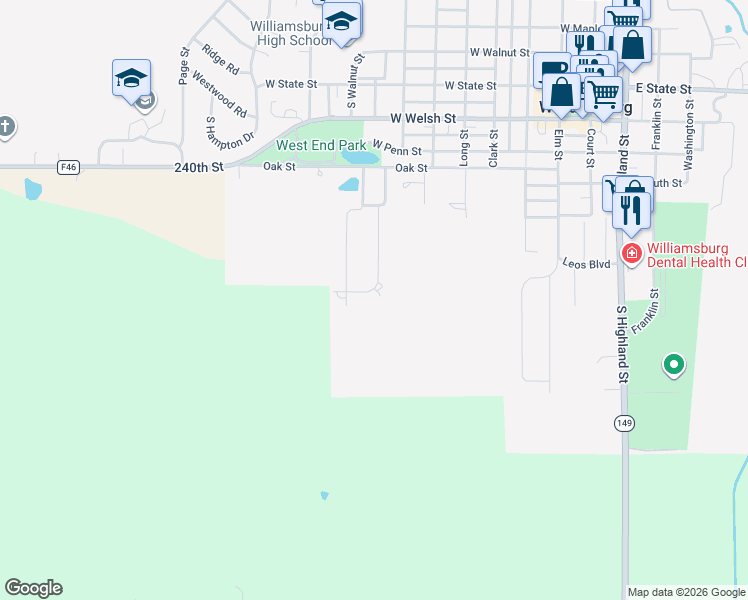 map of restaurants, bars, coffee shops, grocery stores, and more near 101-199 Bedford Road in Williamsburg