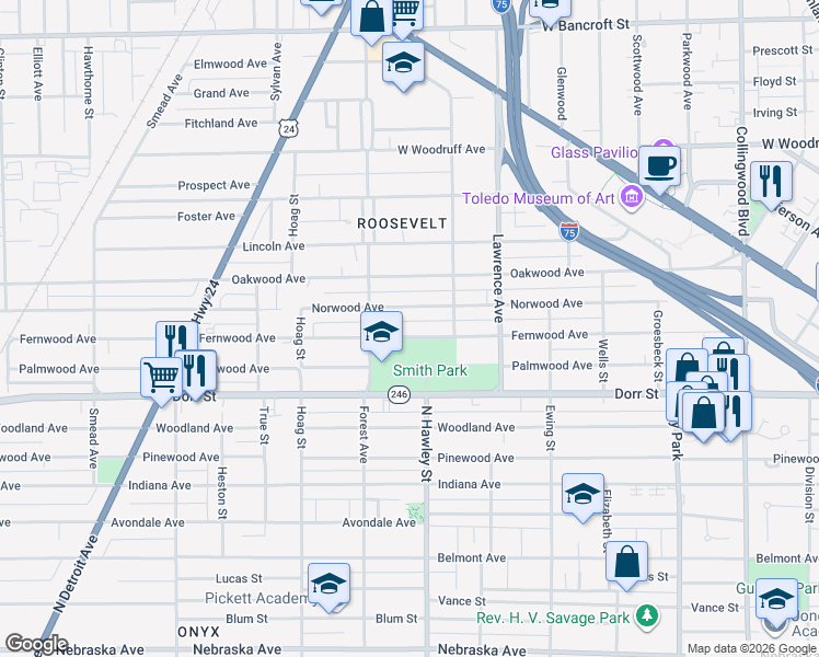 map of restaurants, bars, coffee shops, grocery stores, and more near 1048 Fernwood Avenue in Toledo