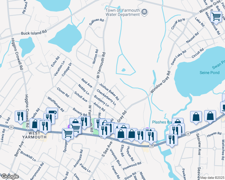map of restaurants, bars, coffee shops, grocery stores, and more near 40 Arbutus Path in Yarmouth