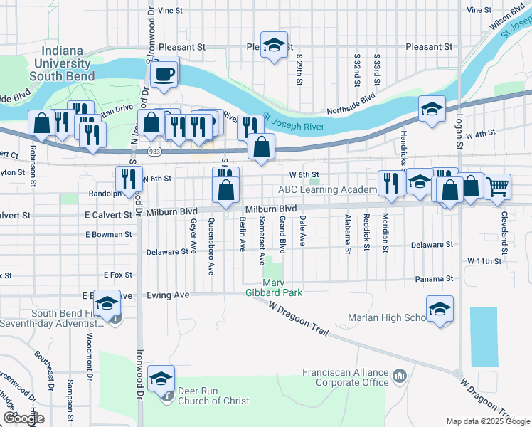 map of restaurants, bars, coffee shops, grocery stores, and more near 702 Somerset Avenue in Mishawaka