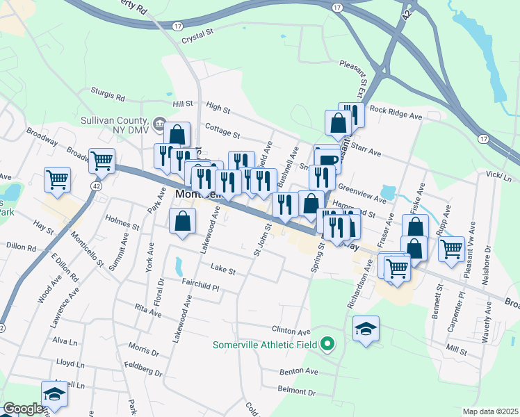 map of restaurants, bars, coffee shops, grocery stores, and more near 5 Bank Street in Monticello