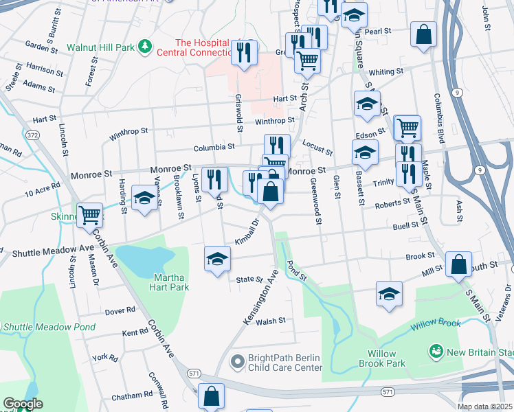 map of restaurants, bars, coffee shops, grocery stores, and more near 687 Arch Street in New Britain