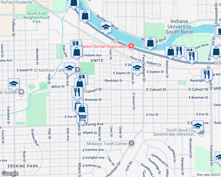 map of restaurants, bars, coffee shops, grocery stores, and more near 1829 Leer St in South Bend