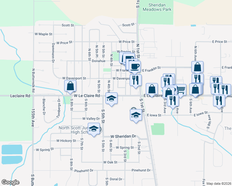 map of restaurants, bars, coffee shops, grocery stores, and more near 310 West Le Claire Road in Eldridge