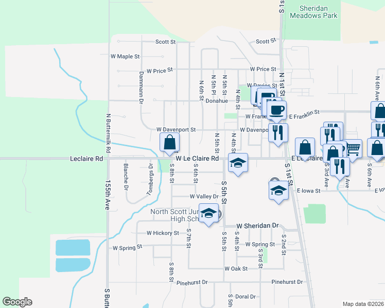 map of restaurants, bars, coffee shops, grocery stores, and more near 620 West Le Claire Road in Eldridge