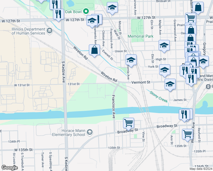 map of restaurants, bars, coffee shops, grocery stores, and more near 3007 Vermont Street in Blue Island